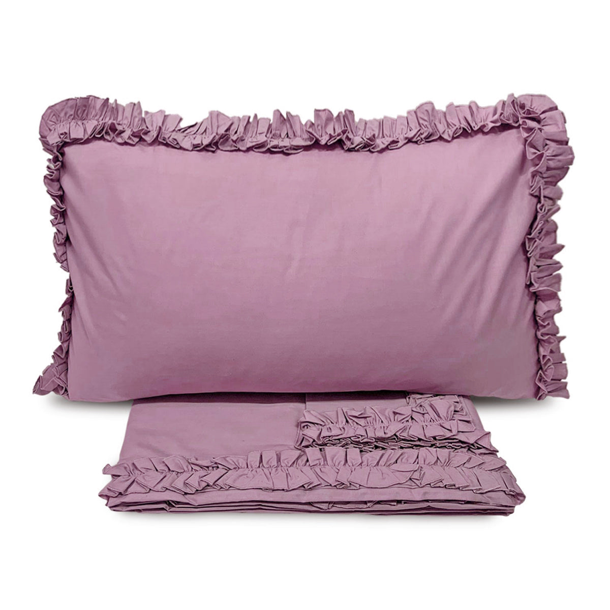 Completo lenzuola in cotone con volant malva
