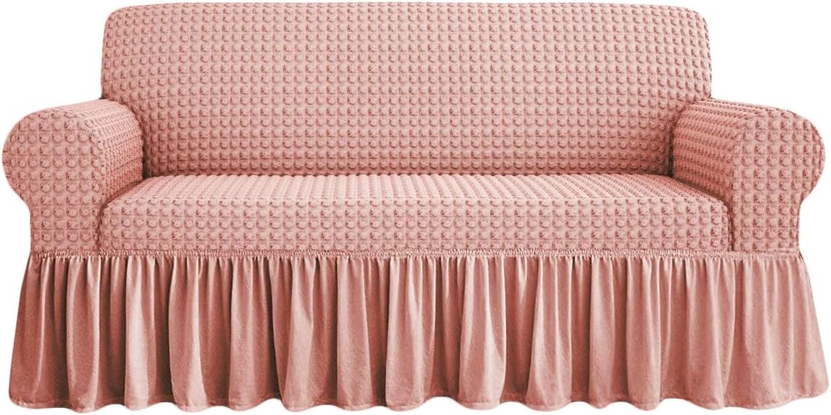 Copridivano elasticizzato con volant e bolle rosa