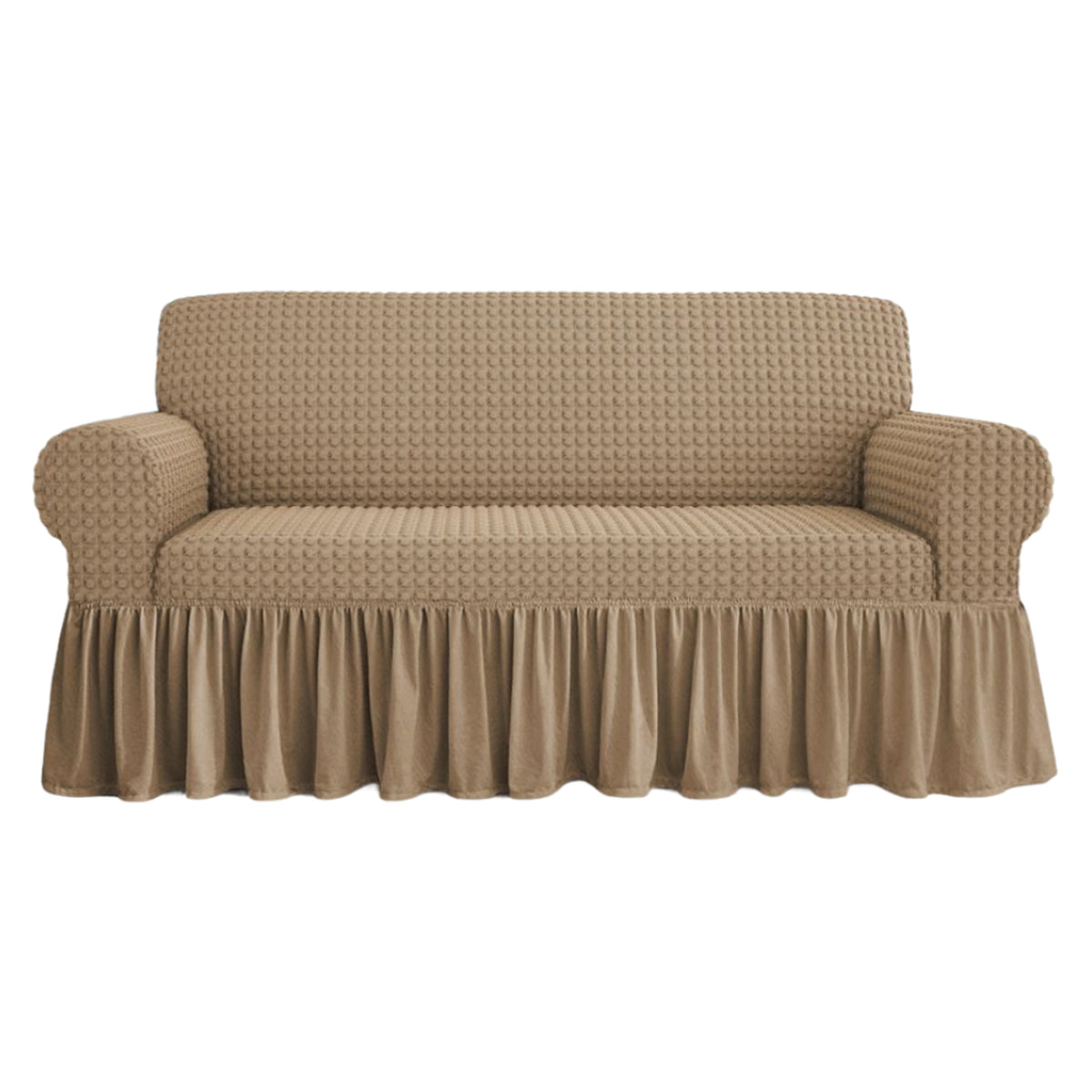 Copridivano elasticizzato con volant e bolle beige