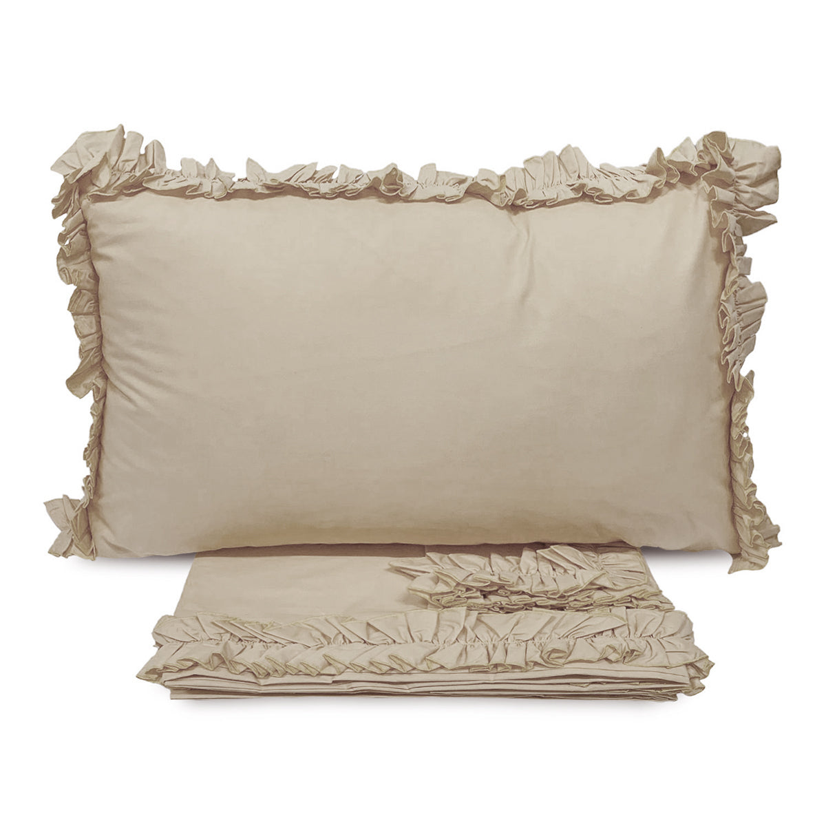 Completo lenzuola in cotone con volant beige