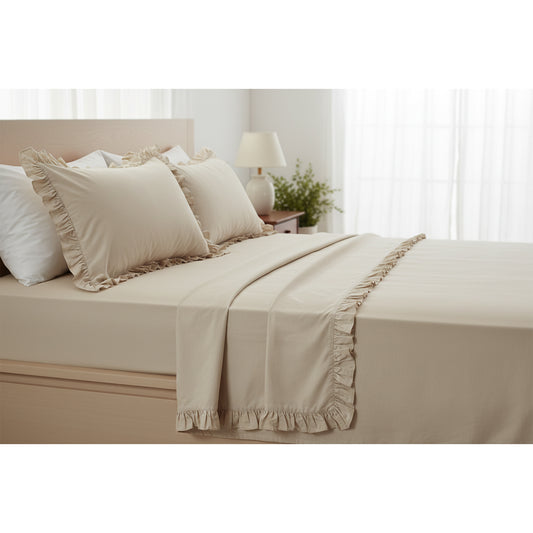 Completo lenzuola in cotone con volant beige
