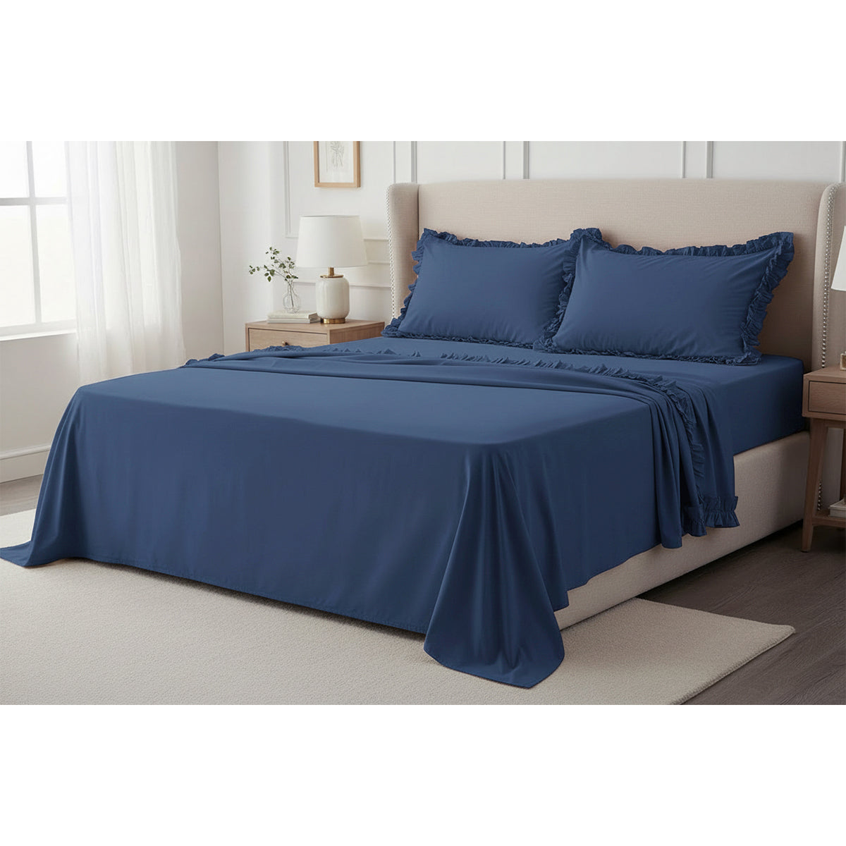 Completo lenzuola in cotone con volant blu
