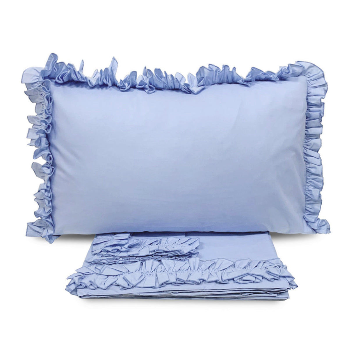 Completo lenzuola in cotone con volant celeste