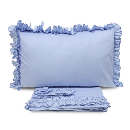 Completo lenzuola in cotone con volant celeste