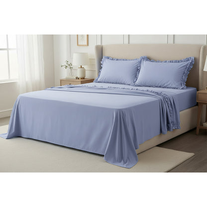 Completo lenzuola in cotone con volant celeste