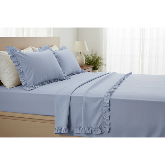 Completo lenzuola in cotone con volant celeste