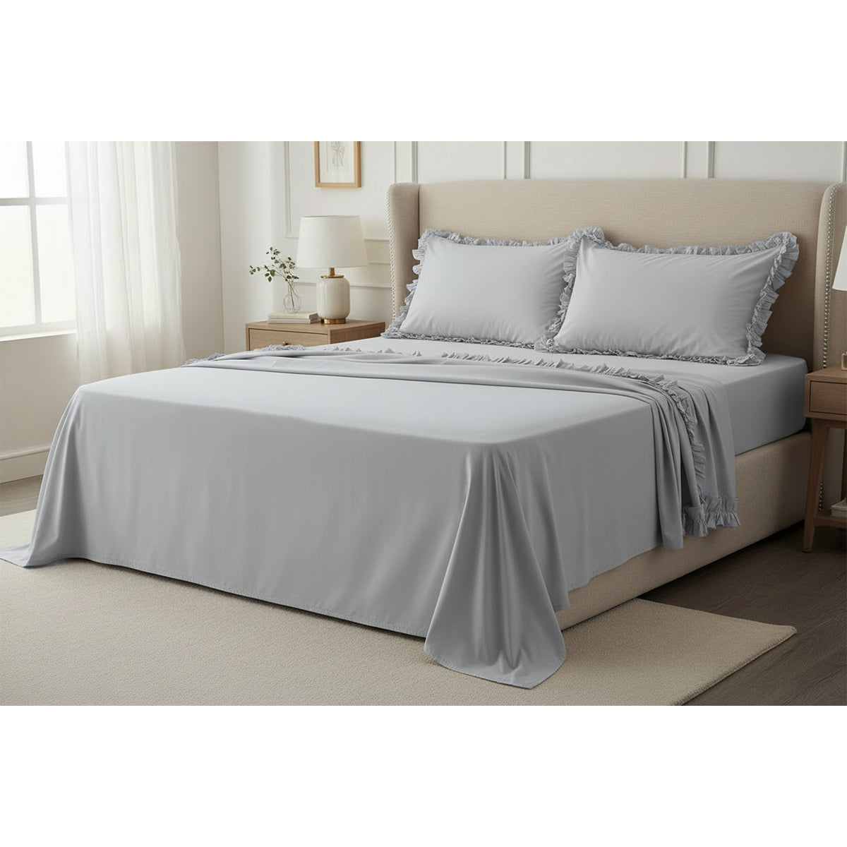 Completo lenzuola in cotone con volant grigio chiaro