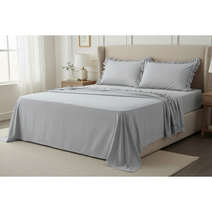 Completo lenzuola in cotone con volant grigio chiaro