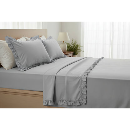 Completo lenzuola in cotone con volant grigio chiaro