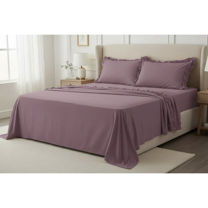 Completo lenzuola in cotone con volant malva