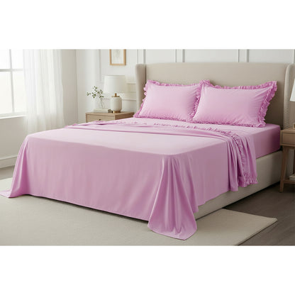Completo lenzuola in cotone con volant rosa