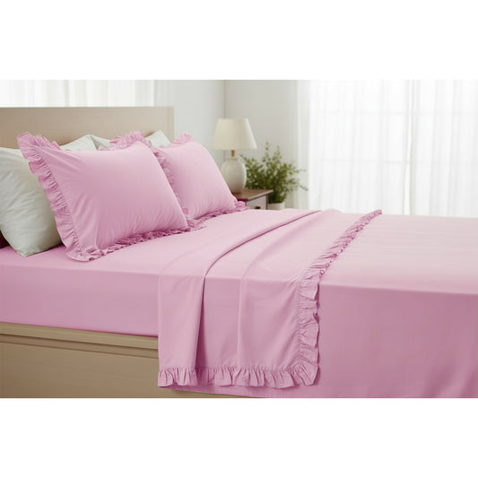 Completo lenzuola in cotone con volant rosa